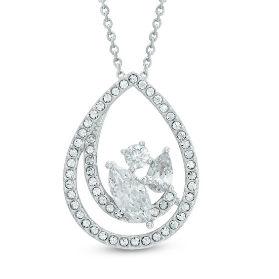 AVA Nadri Cubic Zirconia and Crystal Swirl Pendant and Drop Earrings Set in White Rhodium Brass - 16"