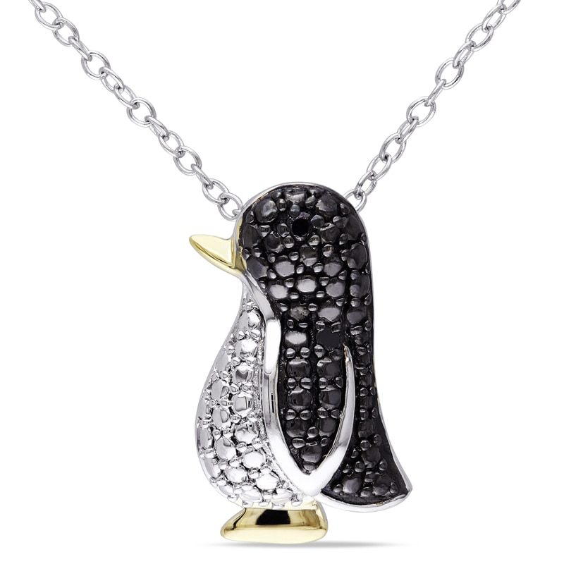 Main Image 1 of Black Diamond Accent Penguin Pendant in Tri-Tone Sterling Silver