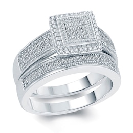 1/2 CT. T.W. Princess-Cut Diamond Square Cluster Frame Bridal Set in Sterling Silver