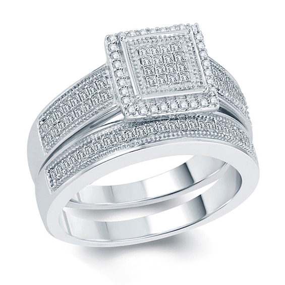 1/2 CT. T.w. Princess-Cut Diamond Square Cluster Frame Bridal Set Sterling Silver
