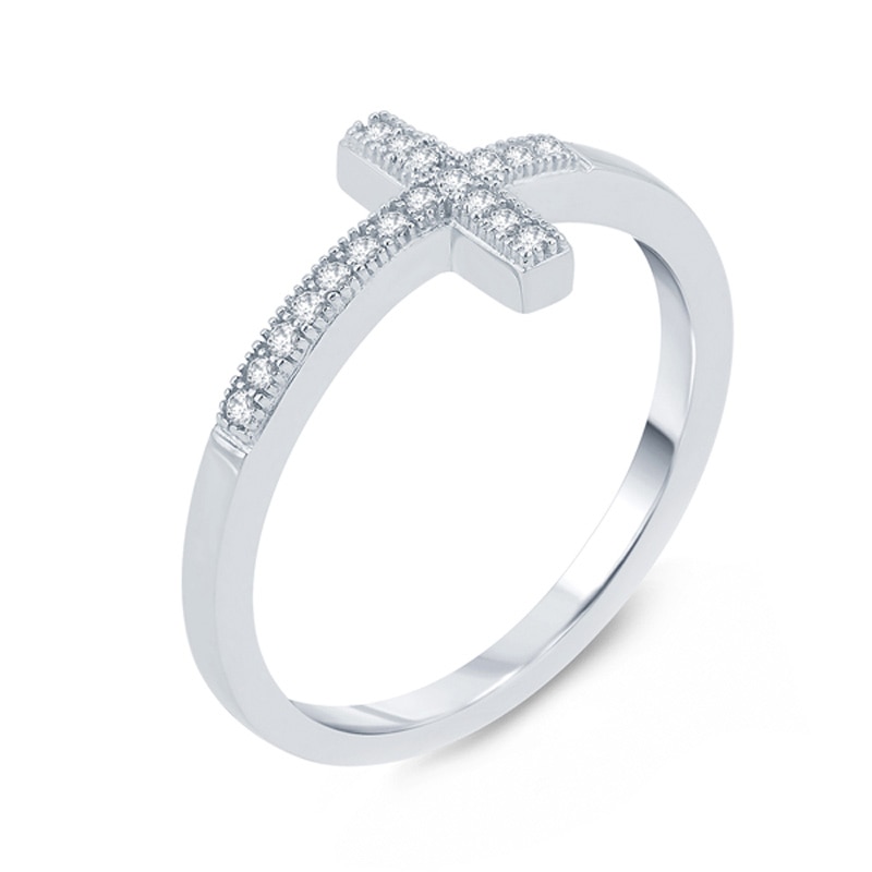 Main Image 1 of 1/10 CT. T.W. Diamond Sideways Cross Ring in 10K White Gold