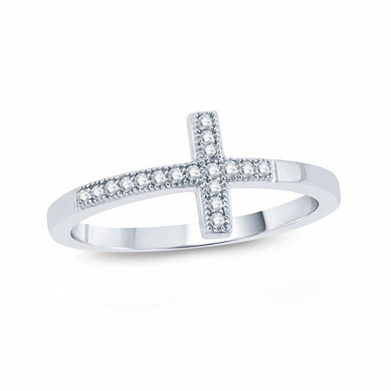 1/10 CT. T.W. Diamond Sideways Cross Ring in 10K White Gold