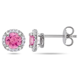 5.0mm Lab-Created Pink Sapphire and Diamond Accent Frame Stud Earrings in Sterling Silver