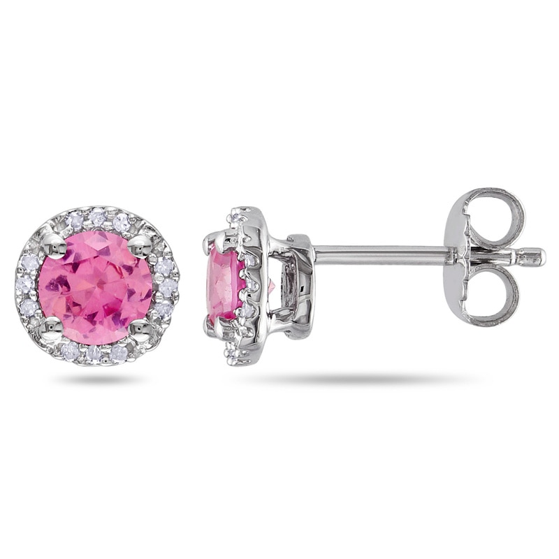 5.0mm Lab-Created Pink Sapphire and Diamond Accent Frame Stud Earrings in Sterling Silver