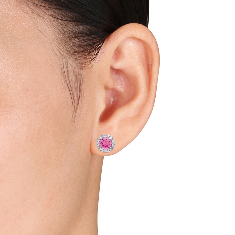 5.0mm Lab-Created Pink Sapphire and Diamond Accent Frame Stud Earrings in Sterling Silver