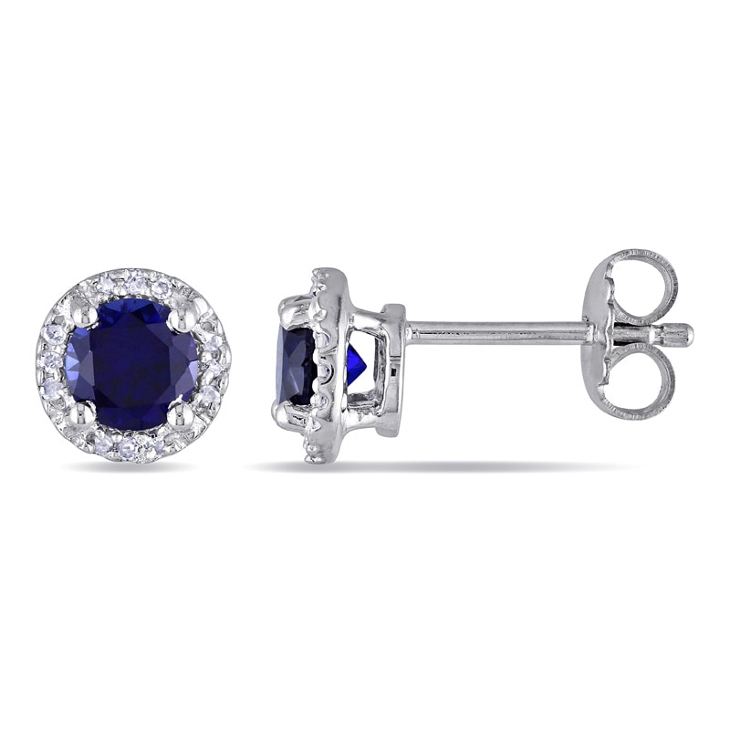 5.0mm Lab-Created Blue Sapphire and Diamond Accent Frame Stud Earrings in Sterling Silver