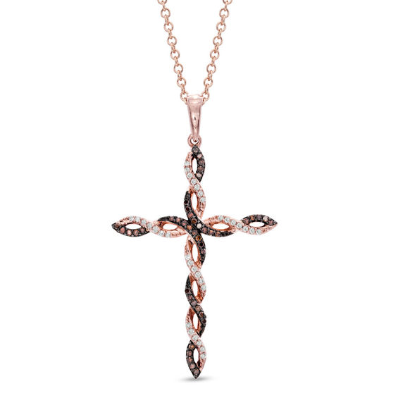 1/6 CT. T.w. Enhanced Cognac and White Diamond Twisting Cross Pendant in 10K Rose Gold