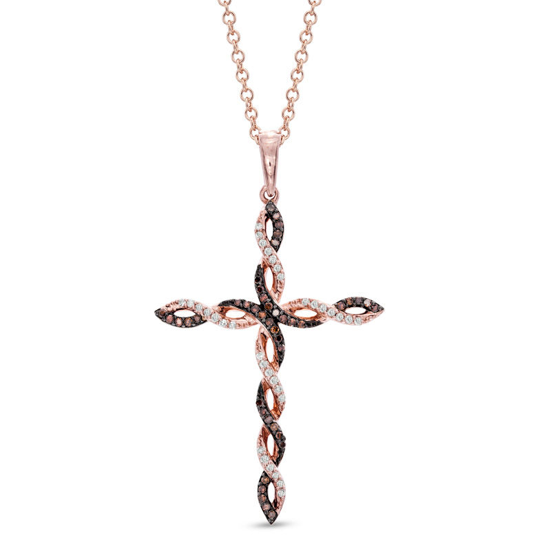 1/6 CT. T.W. Enhanced Cognac and White Diamond Twisting Cross Pendant in 10K Rose Gold