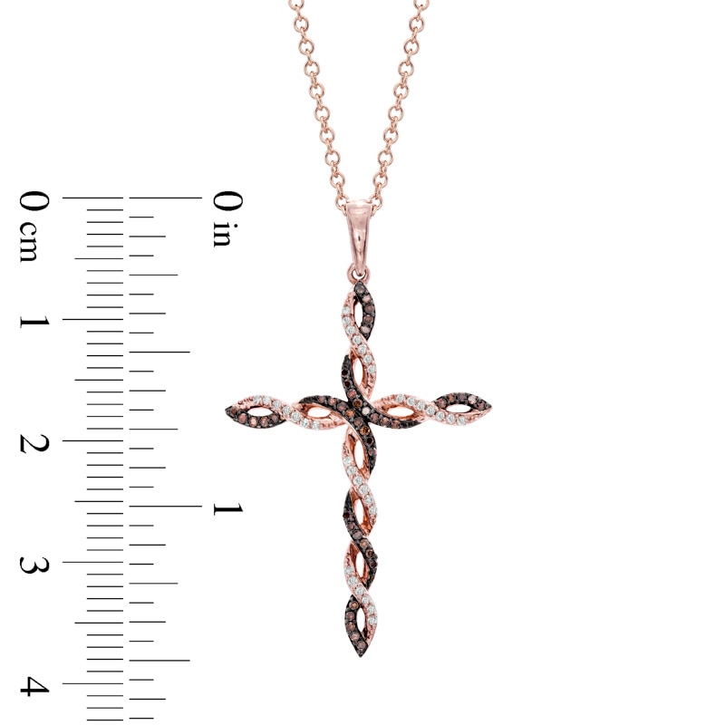 1/6 CT. T.W. Enhanced Cognac and White Diamond Twisting Cross Pendant in 10K Rose Gold