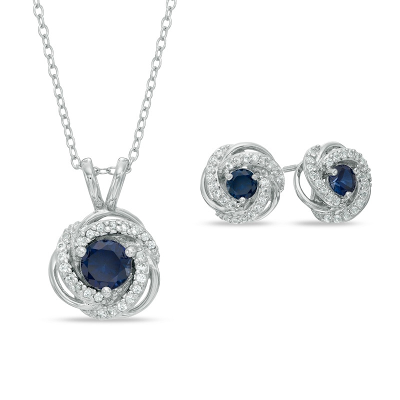 Main Image 1 of Lab-Created Blue and White Sapphire Pendant and Earrings Set in Sterling Silver