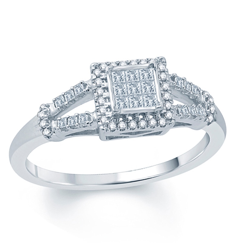 Main Image 1 of 1/4 CT. T.W. Princess-Cut Diamond Square Cluster Frame Promise Ring in 10K White Gold