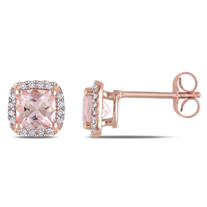 Main Image 1 of 5.0mm Cushion-Cut Morganite and 1/10 CT. T.W. Diamond Frame Stud Earrings in 10K Rose Gold