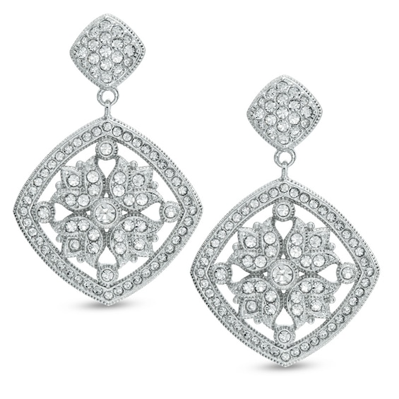 AVA Nadri Cubic Zirconia and Crystal Vintage-Style Floral Drop Earrings in White Rhodium Brass