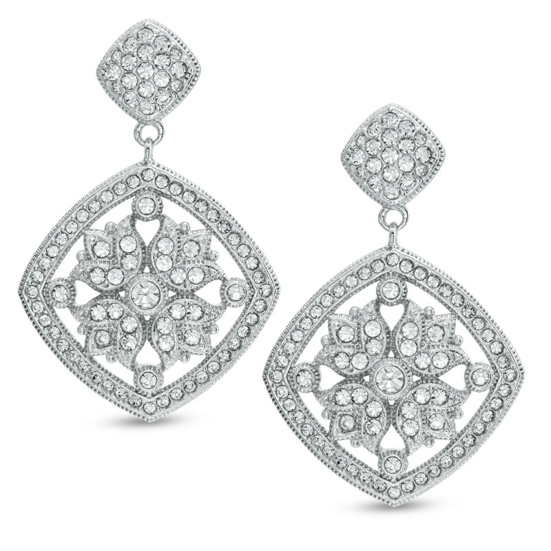 AVA Nadri Cubic Zirconia  and Crystal Vintage-Style Floral Drop Earrings in White Rhodium Brass