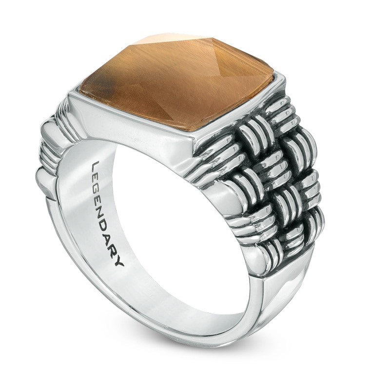 Legendary™ Men's Cushion-Cut Tiger's Eye Doublet Intrecciato Ring in Sterling Silver