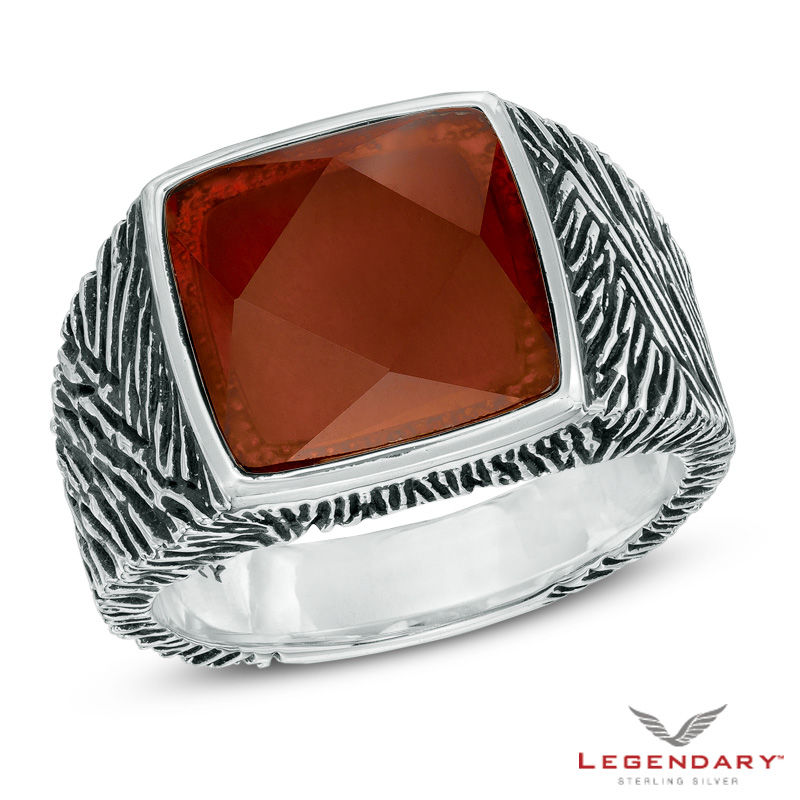 Main Image 1 of Legendary™ Men's Cushion-Cut Red Agate and Smoky Quartz Doublet Rawhide Ring in Sterling Silver