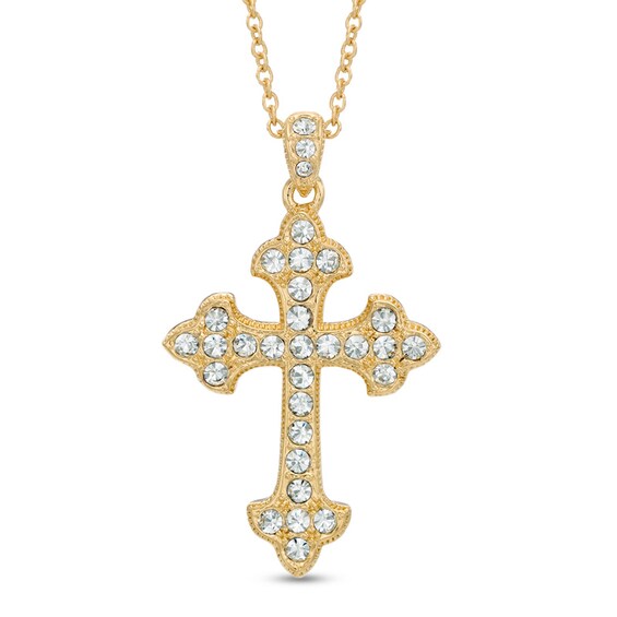 AVA Nadri Crystal Fleur-de-Lis Cross Pendant in Brass with 18K Gold Plate