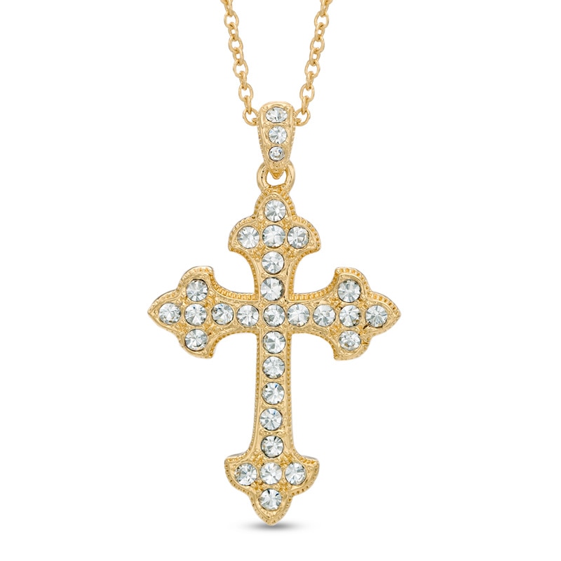 Main Image 1 of AVA Nadri Crystal Fleur-de-Lis Cross Pendant in Brass with 18K Gold Plate