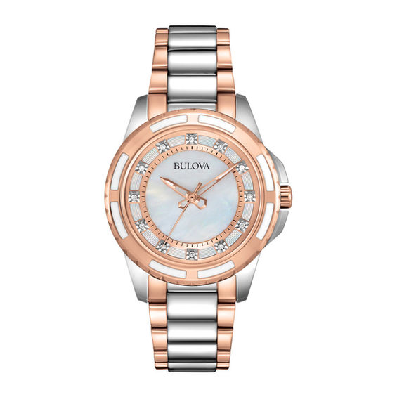 Ladies' Bulova Two-Tone Diamond Accent Watch with Mother-of-Pearl Dial (Model: 98P134)