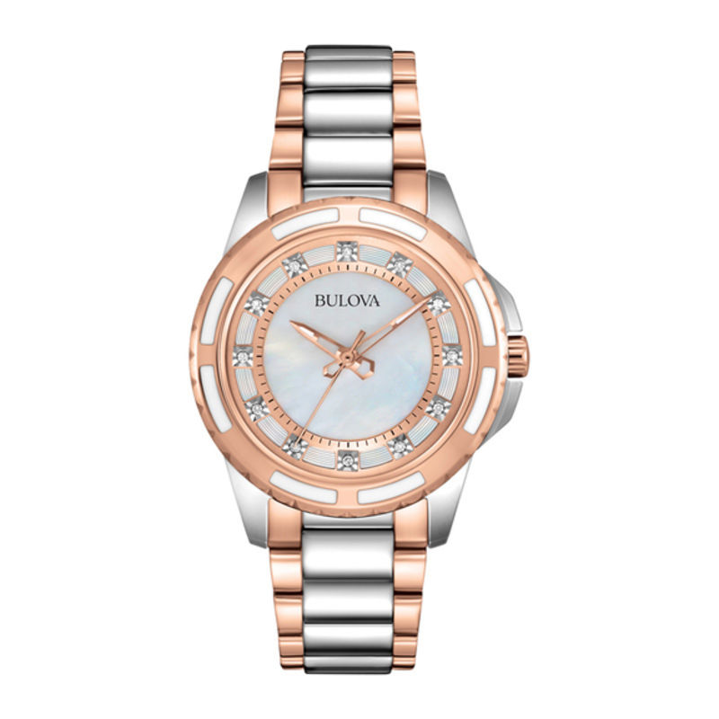 Ladies' Bulova Two-Tone Diamond Accent Watch with Mother-of-Pearl Dial (Model: 98P134)