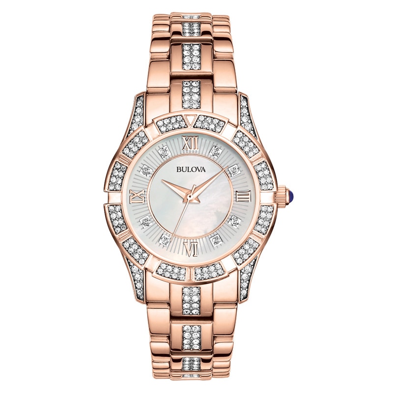 Ladies' Bulova Rose-Tone Crystal Accent Watch with Mother-of-Pearl Dial ...