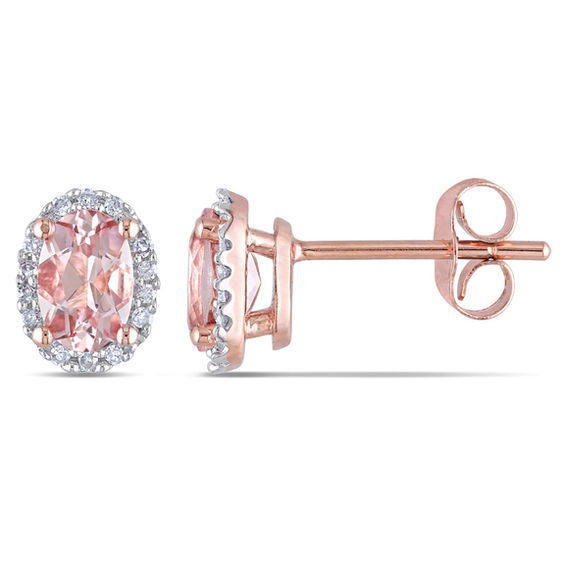 Oval Morganite and Diamond Accent Frame Stud Earrings in 10K Rose Gold