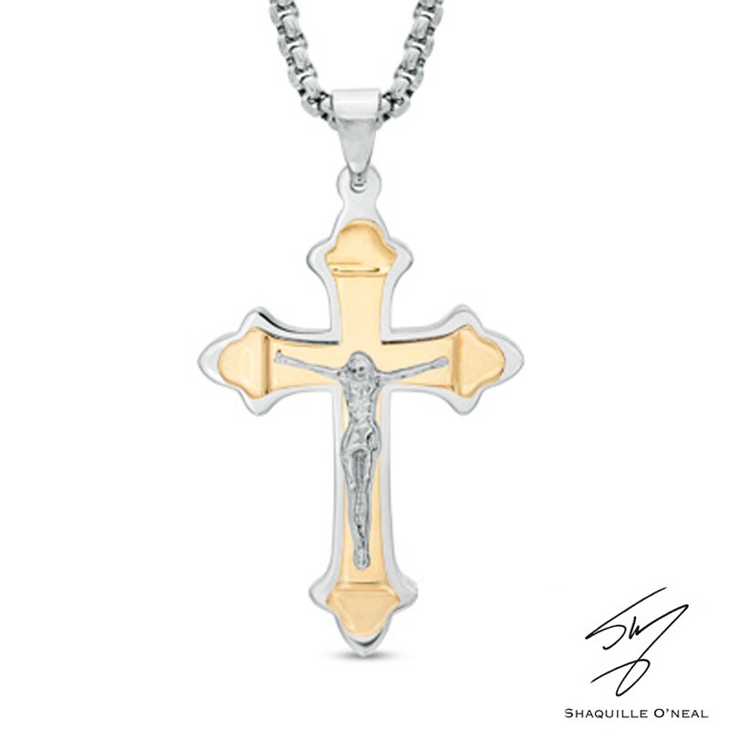 Main Image 1 of Men's Crucifix Pendant in Two-Tone Stainless Steel - 24&quot;