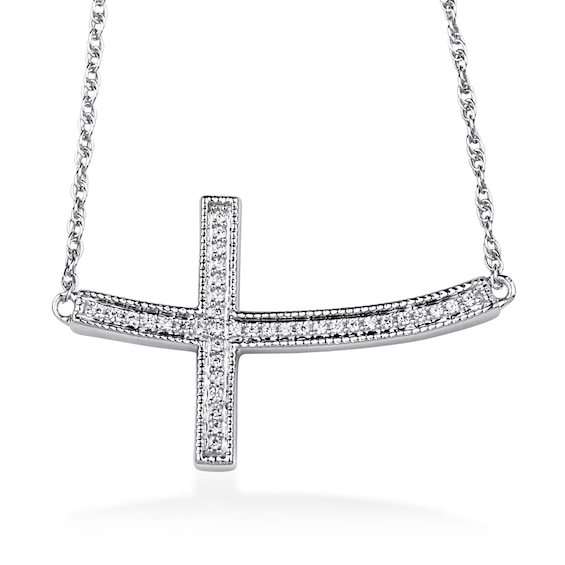 Sterling Silver Womens Round Diamond Horizontal Sideways Cross Faith Necklace 1/10 Cttw Sterling Silver Womens Round Diamond Horizontal Sideways Cross Faith Necklace 1/10 Cttw