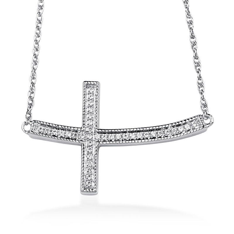 Main Image 1 of 1/10 CT. T.W. Diamond Curved Sideways Cross Necklace in Sterling Silver