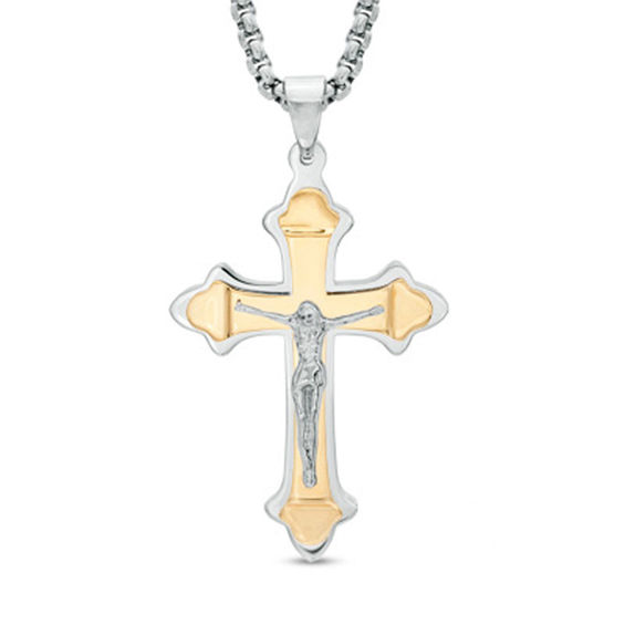 Men's Crucifix Pendant in Two-Tone Stainless Steel - 24"