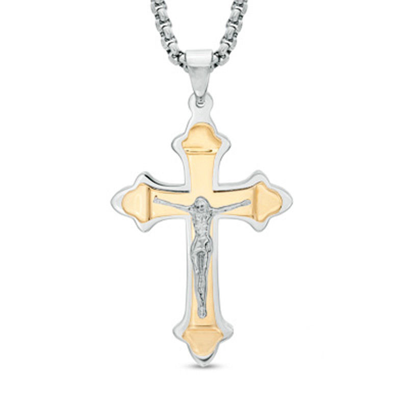 Main Image 1 of Men's Crucifix Pendant in Two-Tone Stainless Steel - 24"