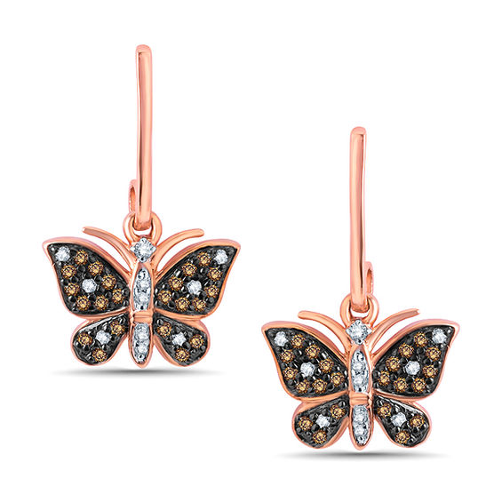 1/4 CT. T.w. Champagne and White Diamond Butterfly Drop Earrings in 10K Rose Gold