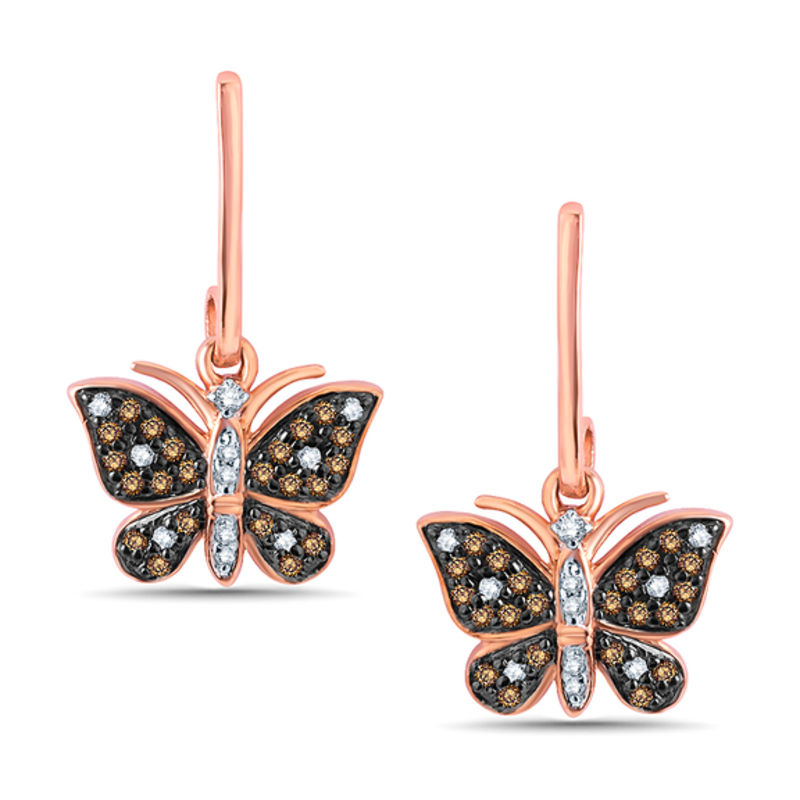 1/4 CT. T.W. Champagne and White Diamond Butterfly Drop Earrings in 10K Rose Gold