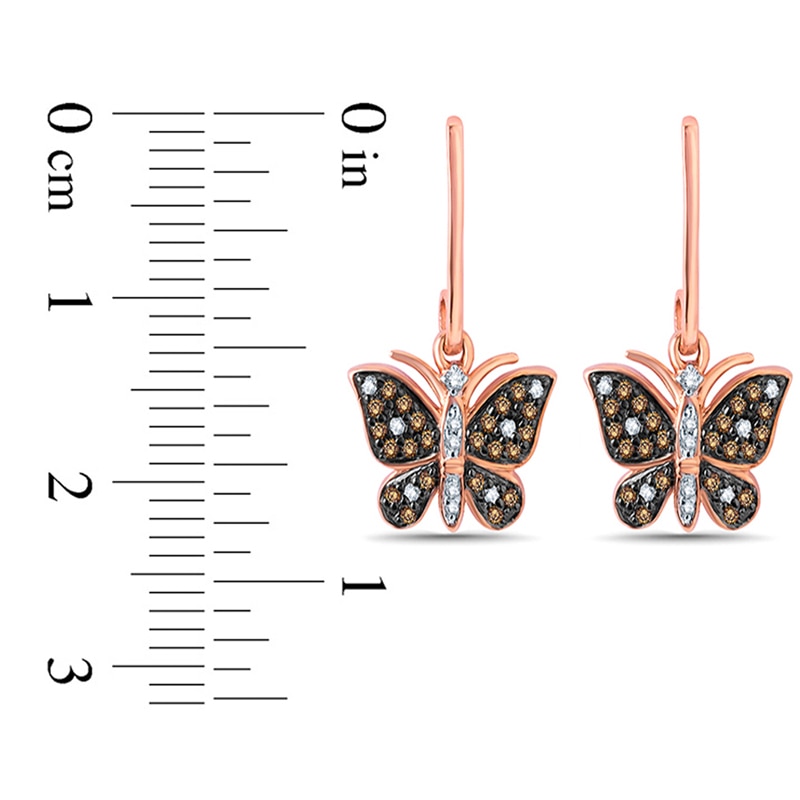 Main Image 2 of 1/4 CT. T.W. Champagne and White Diamond Butterfly Drop Earrings in 10K Rose Gold