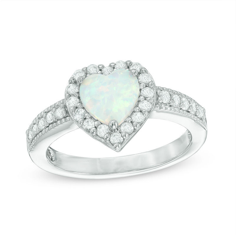 Main Image 1 of 7.0mm Heart-Shaped Lab-Created Opal and White Sapphire Frame Ring in Sterling Silver