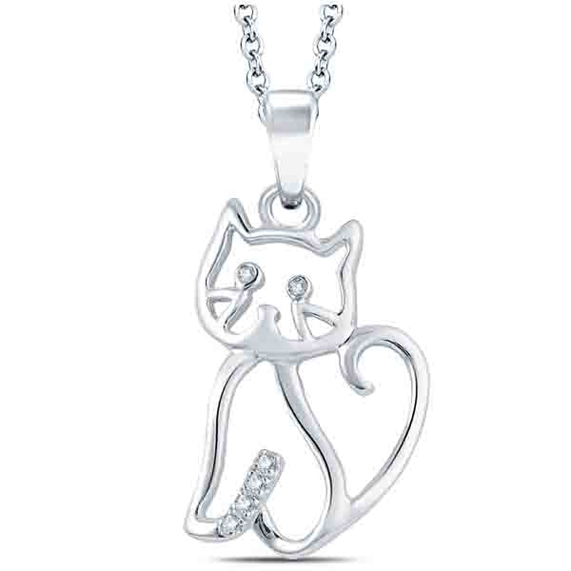 Main Image 1 of Diamond Accent Sitting Cat Pendant in 10K White Gold