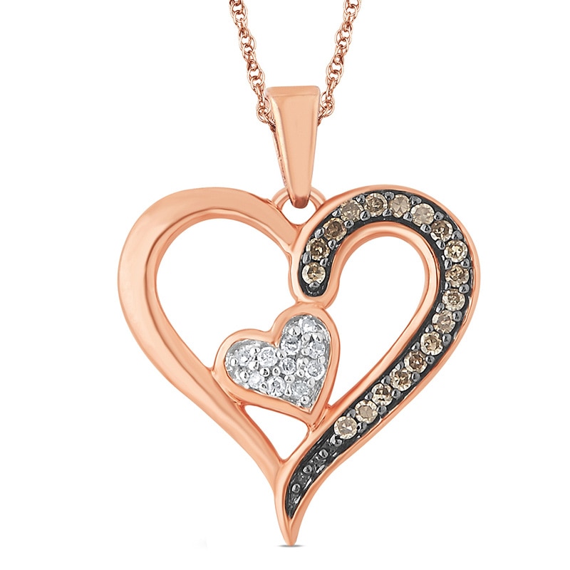 1/8 CT. T.W. Champagne and White Diamond Double Heart Pendant in 10K ...