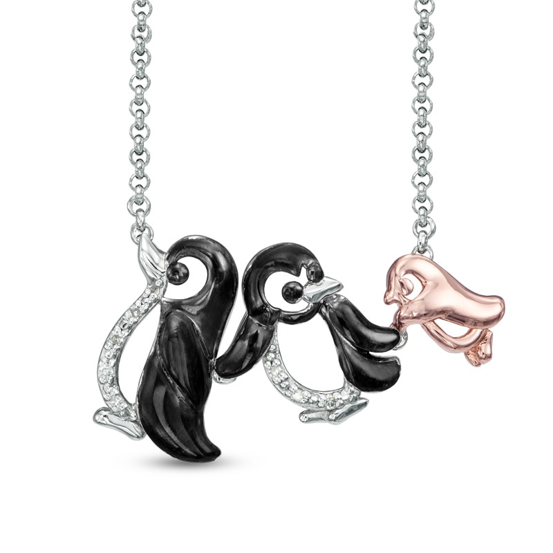 Main Image 1 of Diamond Accent Penguin Family Necklace in Sterling Silver and 18K Rose Gold Plate - 16"