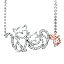 Diamond Accent Cat Family Necklace in Sterling Silver and 18K Rose Gold Plate - 16"