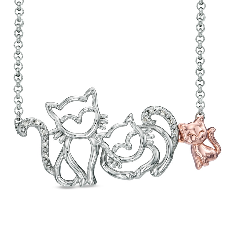 Diamond Accent Cat Family Necklace in Sterling Silver and 18K Rose Gold Plate - 16"