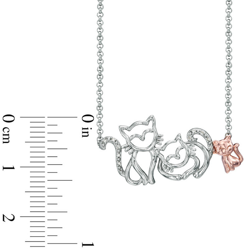 Diamond Accent Cat Family Necklace in Sterling Silver and 18K Rose Gold Plate - 16"