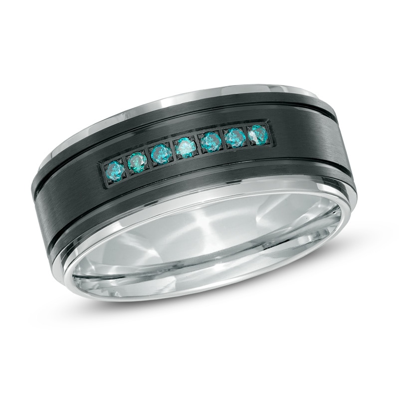 Main Image 1 of 1/6 CT. T.W. Enhanced Blue Diamond Comfort-Fit Wedding Band in Two-Tone Stainless Steel