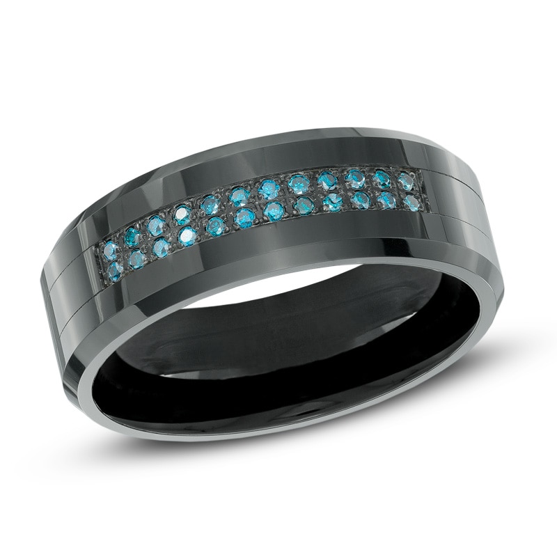Men's 1/6 CT. T.W. Enhanced Blue Diamond Comfort-Fit Wedding Band in Black IP Stainless Steel