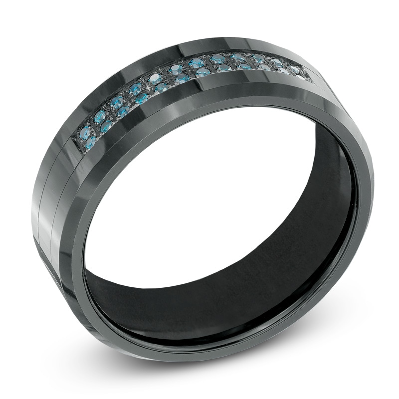 Men's 1/6 CT. T.W. Enhanced Blue Diamond Comfort-Fit Wedding Band in Black IP Stainless Steel