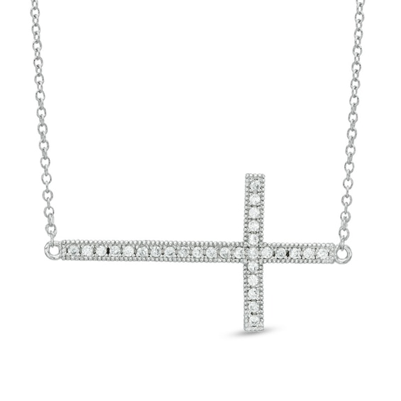 Lab-Created White Sapphire Sideways Cross Necklace in Sterling Silver