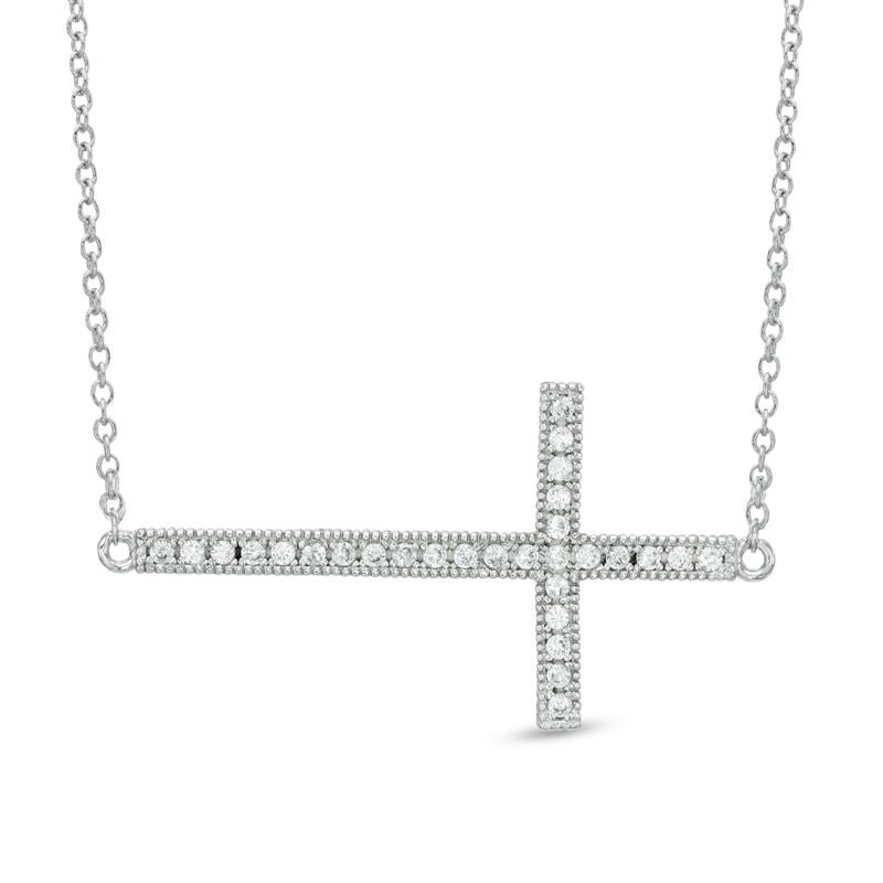 Main Image 1 of Lab-Created White Sapphire Sideways Cross Necklace in Sterling Silver