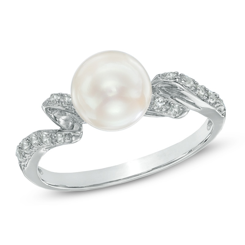 Main Image 1 of 7.5-8.0mm Freshwater Cultured Pearl and Lab-Created White Sapphire Swirl Ring in Sterling Silver