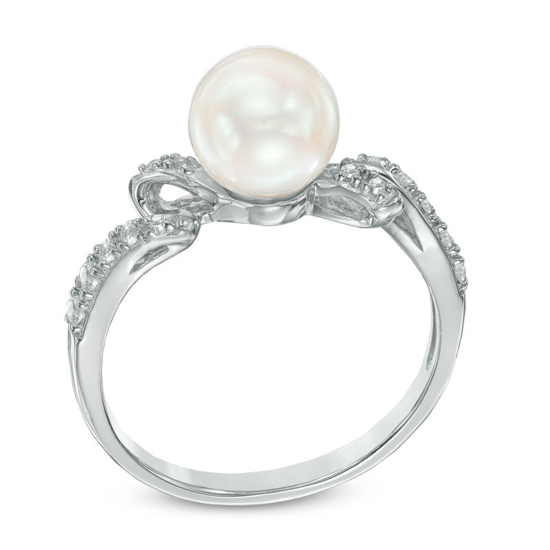 Main Image 2 of 7.5-8.0mm Freshwater Cultured Pearl and Lab-Created White Sapphire Swirl Ring in Sterling Silver