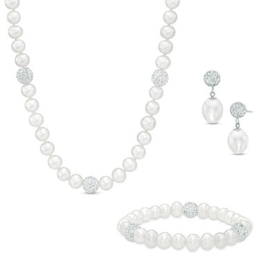 White Pearl Pendant and Drop Earrings Set with Gold Hearts