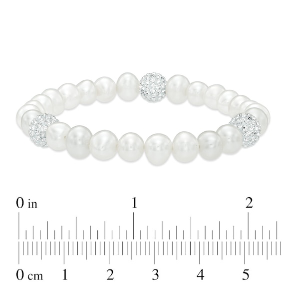 6.0-8.0mm Freshwater Cultured Pearl and Crystal Strand Necklace, Bracelet and Drop Earrings Set in Sterling Silver